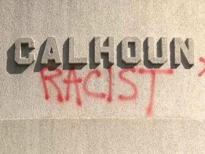 The pedestal of the Calhoun statue in Marion Square,  vandalized shortly after the Mother Emanuel massacre