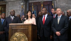 Nikki Haley announcing her opposition to flying the Confederate flag at the South Carolina statehouse