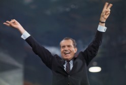 Richard Nixon Raising His Arms to Crowd